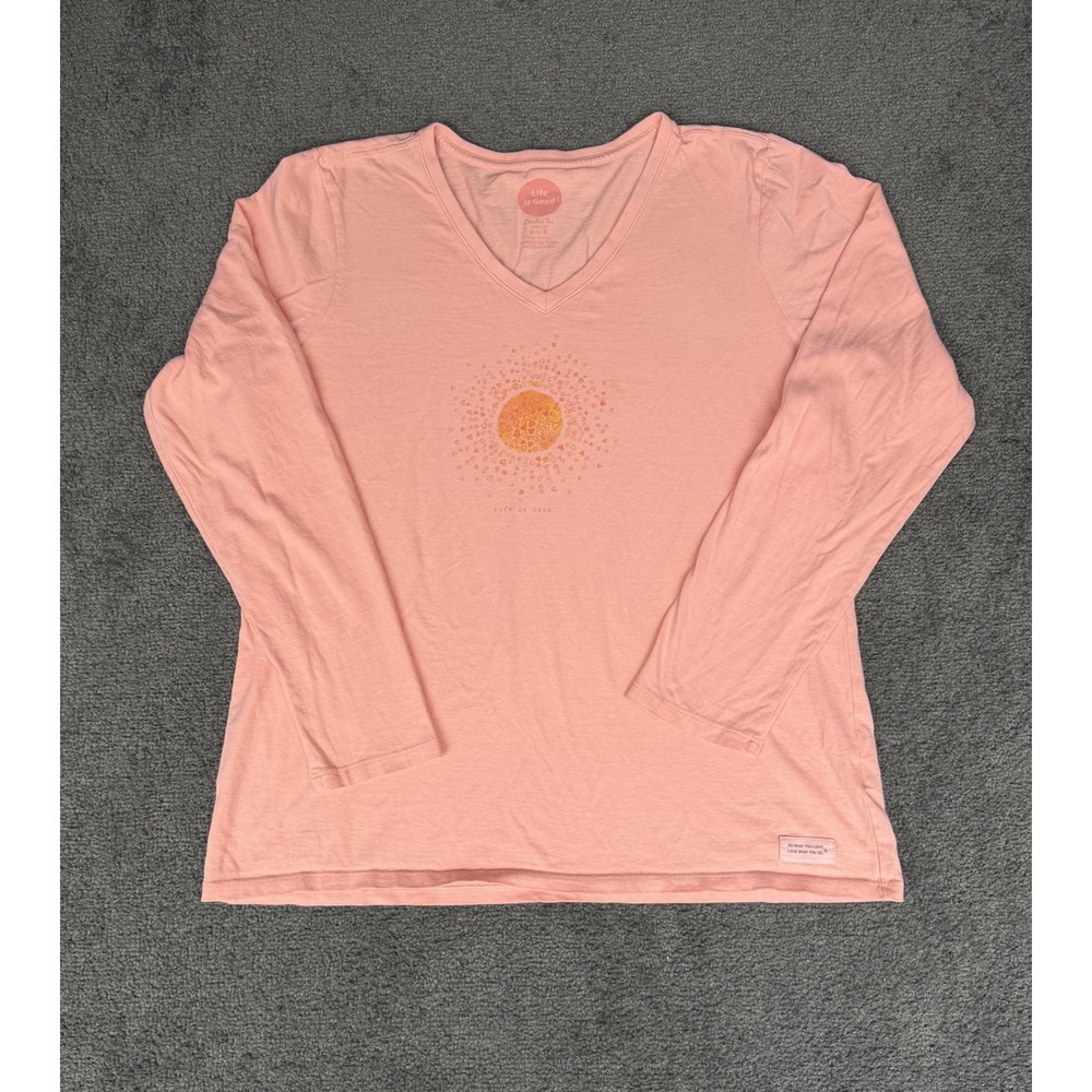 Life is Good Crusher Tee Womens Large Peach Coral Sun Graphic Long Sleeve V-Neck